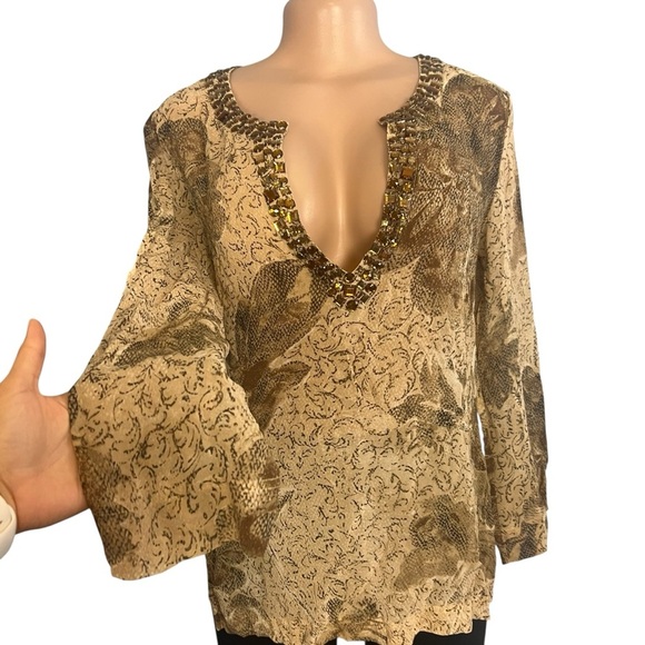 Chico’s 100% Silk Floral Sheer Jeweled Neckline Blouse Brown - Picture 3 of 10